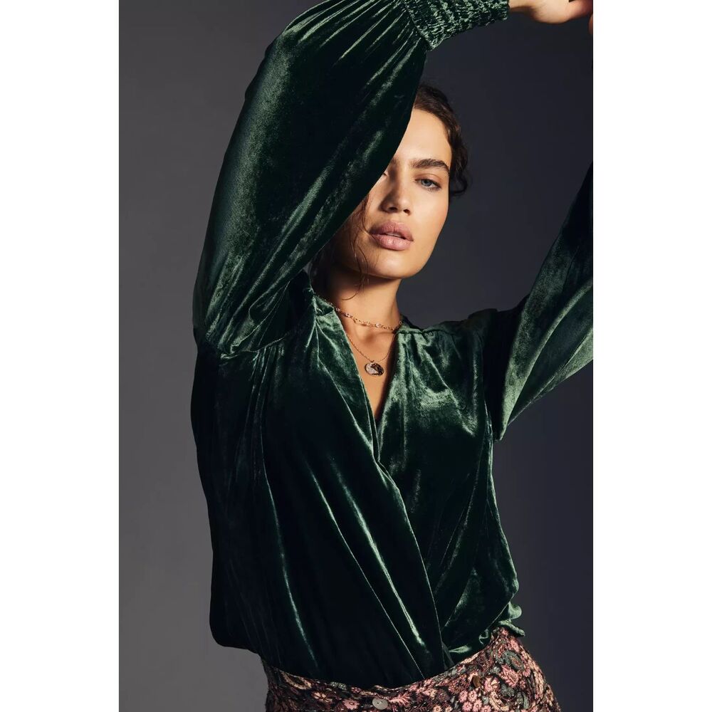 NWT Anthropologie Green Velvet Wrap Blouse Women's Size Medium